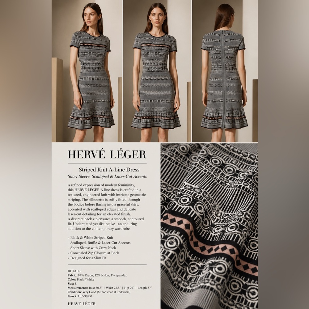 Hervé Léger Striped Knit A-Line Dress Geometric Fit & Flare S ❤️ HL